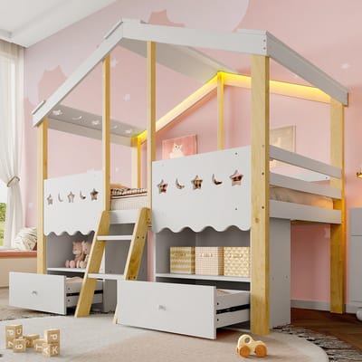 YEHTOKHOME Halfhoog bed 90 x 200 cm - Hoogslaper Kinderbed met LED-verlichting - 2 Lades - in de vorm van een huis - Massief Hout - Wit + Natuurlijk (zonder matras)
