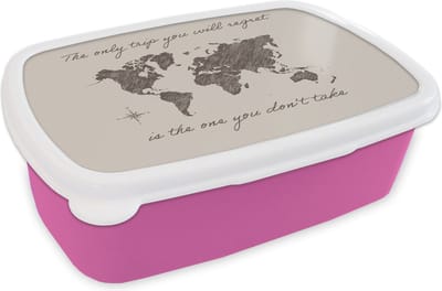 Broodtrommel Roze - Lunchbox - Brooddoos - Spreuken - Quotes - The only trip you will regret is the one you don't take - Wereldkaart - 18x12x6 cm - Kinderen - Meisje
