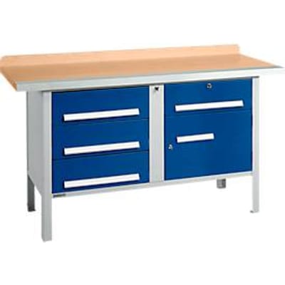 Box-type werkbank Schäfer Shop Select PWi 150-5, beuken multiplex blad, met stalen rand, tot 750 kg, B 1500 x D 700 x H 840 mm, gentiaanblauw