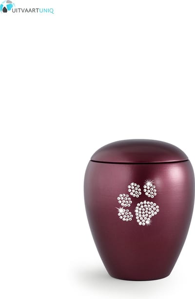 Dierenurn wijnrode paarlemoer swarovski pootafdruk klein