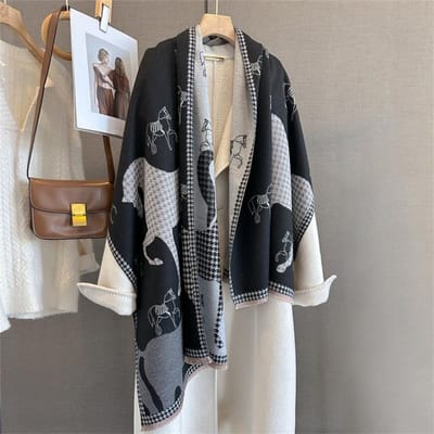 Dames Winter Sjaal Kasjmier Pashmina Sjaals En Wraps Bufandas Paard Print Warme Dikke Sjaals Deken Voor Dame Luxe 65x180cm black