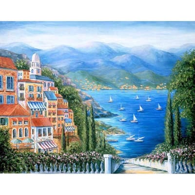 Peinture diamant vue sur la ville, broderie, point de croix, strass ronds complets, décoration de la maison 20X30CM blue