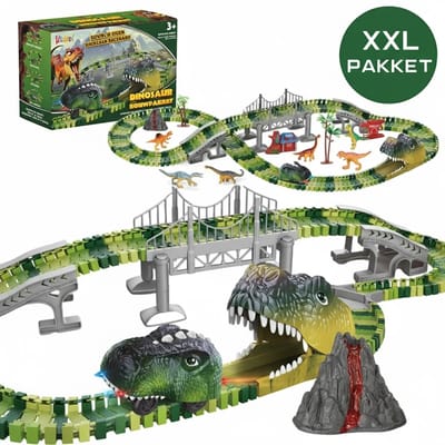 Kiddel Dinosaurus Racebaan XXXL – 416-delig Uitbreidbaar Dino Racecircuit – 3 Elektrische Dino Auto’s met Licht – Flexibele Klikbaan – Speelgoed vanaf 3 Jaar