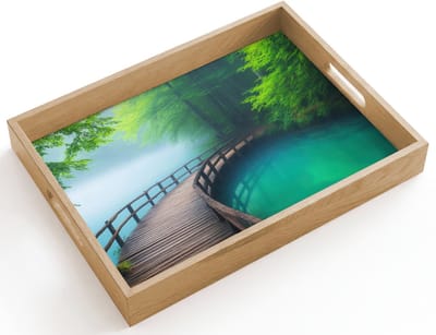 Dienblad hout 40x30 cm - Schootdienblad - Brug - Water - Rivier - Bos - Borrelplank rechthoek - Plateau dienbladen