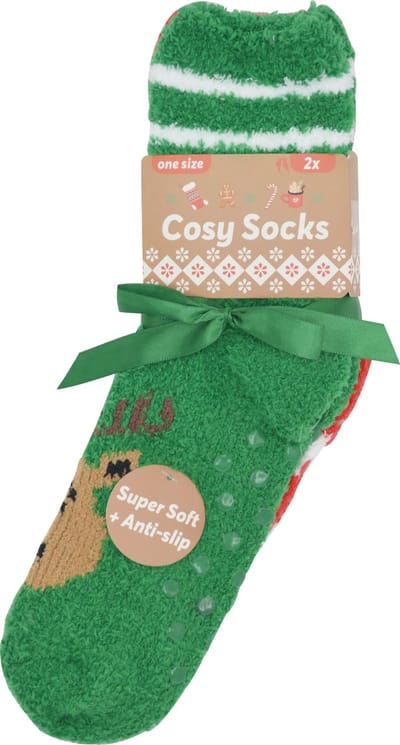 Huissokken Dames - Fluffy Kerst sokken - antislip - 2 PAAR - Groen, rood & rendier - zeer zacht - verwarmende gripsokken - bedsokken - kerstcadeau voor vrouwen