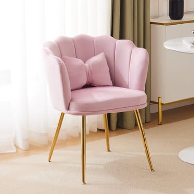 Fluwelen fauteuil - Bloemvormige rugleuning - Vlinderkussen - Vergulde metalen poten – Woonkamer en slaapkamer – 63 x 58 x 77 cm – Roze