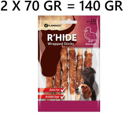 flamingo hapki - rawhide wit wrapped met eend - 70 gr - 6 st - *** 2 X *** glutenvrij - geen toegevoegde suiker- tandverzorgend