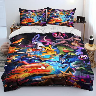 Parure de lit Cartoon Pikachu Pokemon Monstre 3D Housse de couette Ensemble de lit Housse de couette Taie d'oreiller Ensemble de lit Queen Adulte Enfants EU Single(135*200cm)3pcs