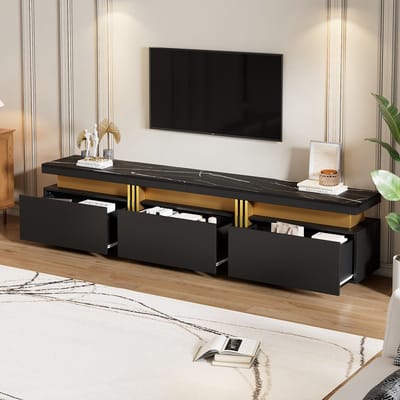 TV Lowboard - 200 x 40 x 42 cm - Marmerlook & Kabelmanagement - 3 Lades - Hout - Marmerlook