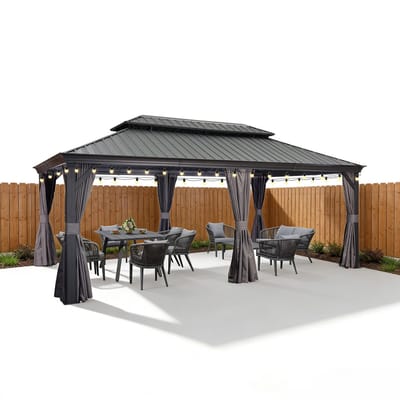 PURPLE LEAF Hardtop Aluminium Tuinpaviljoen – Dubbel dak – Hoogwaardige Gordijnen – Wind- en weerbestendig – Luxueus Grijs – Met Sfeerverlichting
