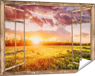 Gards Tuinposter Doorkijk Zonsopkomst in het Veld - 120x80 cm - Tuindoek - Tuindecoratie - Wanddecoratie buiten - Tuinschilderij