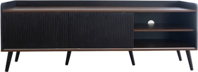 TV-meubel met twee lades, TV-tafel TV-plank, TV-lowboard laag bord met twee schuifdeuren. Prachtige textuur. Zwart en natuurlijke houtkleur. H58/L160/D40 cm