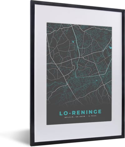 Fotolijst incl. Poster - België – Lo Reninge – Stadskaart – Kaart – Blauw – Plattegrond - 30x40 cm - Posterlijst