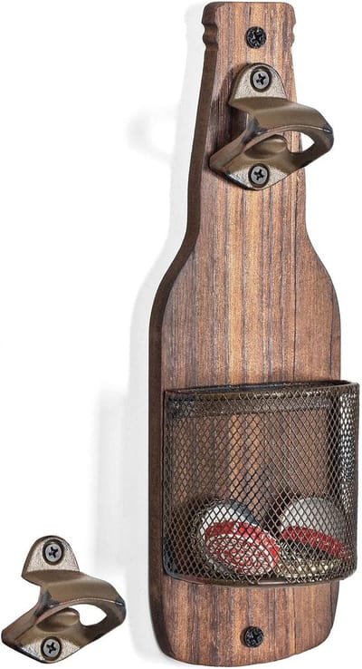 1 Stuk - Vintage Houten Flesopener - Flesopener voor aan de muur - Met Opbergmand voor Flessendoppen - Keukenbar Decoratie - voor Bierliefhebbers