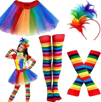 Kleurrijk 80s Kostuum voor Vrouwen met Neon Accessoires, Regenboog Tulle Rok, Handschoenen, Sokken en Haarjuwelen voor Halloween en Carnaval Feestjes