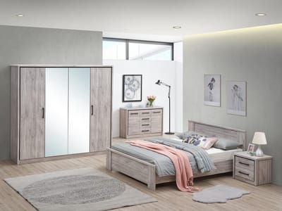 Belfurn - Elias  4 delige 2 persoons slaapkamer in grijze eik met 4 deurs kledingkast en bed van 180 x 200 cm