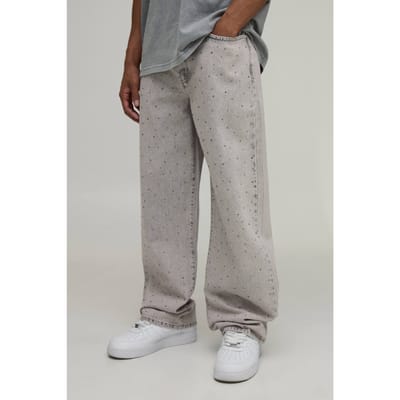 Ice Wash Jeans Met Strass Steentjes Over Het Geheel En Relaxed Pasvorm | Ice Grey | Size 28R