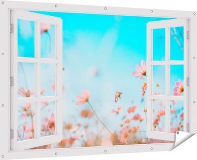 Gards Tuinposter Doorkijk Paarse Kosmos Bloemen - 180x120 cm - Tuindoek - Tuindecoratie - Wanddecoratie buiten - Tuinschilderij