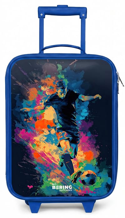 NoBoringSuitcases.com® - Kinderkoffer blauw - Kindertrolley jongen - Neon - Voetballer - Kleurrijk - Koffer kind lichtgewicht - Reiskoffer trolley voor kinderen - Koffertje met lichtgevende wieltjes - Rolkoffer