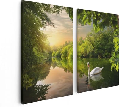 Artaza Canvas Schilderij Tweeluik Zwaan op het Water in het Bos - 80x60 - Foto Op Canvas - Canvas Print