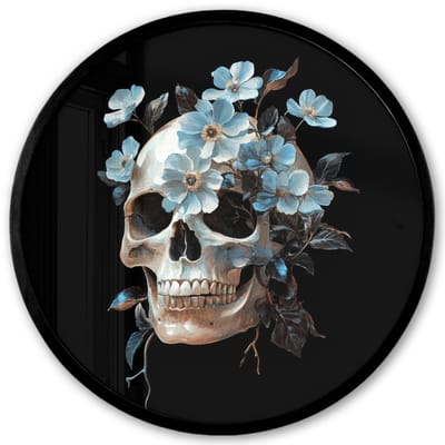 Poster in lijst Rond - Fotolijst 40x40 cm - Posters - Schedel - Blauw - Bloemen - Bladeren - Ronde posterlijst zwart - Decoratie - Wanddecoratie woonkamer - Muurdecoratie slaapkamer