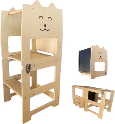 Goldcave Houten Leertoren - Keukentoren Montessori - Opvouwbaar tot Kindertafel - Learning Tower - 100% FSC® Gecertificeerd Hout - Keukenhulp Peuters & Kleuters - Krijtbord