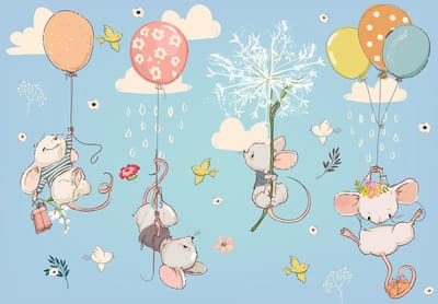 Fotobehang Muisjes aan Ballonnen XXL – posterbehang – Kinderkamer behang – 368 x 254 cm