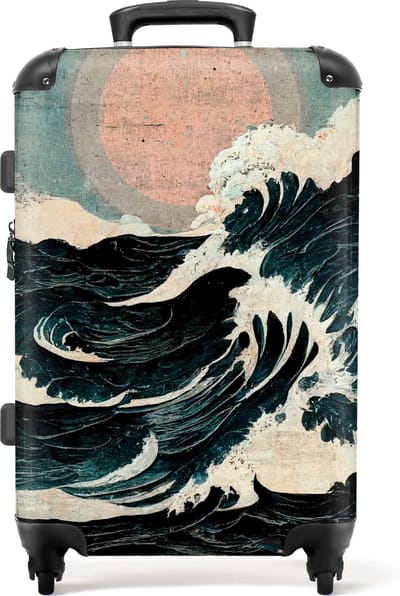 NoBoringSuitcases.com - Grote koffer met vintage print van hoge golven op zee - Reiskoffer met 4 wielen - Trolley op wieltjes - Rolkoffer groot - 72 liter - Ruimbagage valies 20kg - Valiezen voor volwassenen