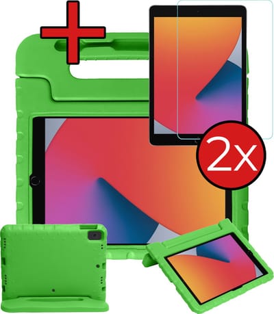 Hoesje - Geschikt voor Apple iPad 7/8 (2019/2020) - 10.2 inch - 7e/8e Generatie - Met 2x Screenprotector - Kinderhoes - Shockproof Bumper - Kidsproof Case - Tablethoes - Kinder Hoes Cover - Groen