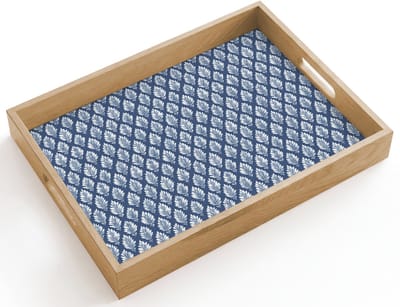 Dienblad hout 40x30 cm - Schootdienblad - Bladeren - Wit - Blauw - Patroon - Borrelplank rechthoek - Plateau dienbladen
