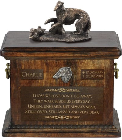 Borzoi urn met beeldje - gepersonaliseerde urn voor hondenas