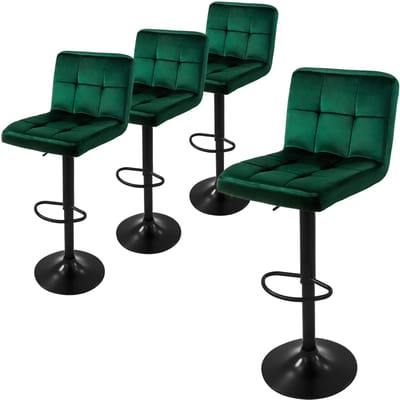 Barkruk set van 4 groen fluwelen bekleding met rugleuning en voetensteun in hoogte verstelbaar 63-83cm ML-Design