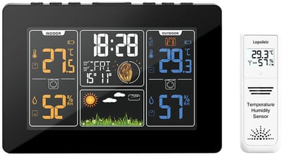 Lopoleis® Weerstation Binnen en buiten – Weerstation Draadloos – Kleurendisplay – Weerstation met buitensensor – Luchtvochtigheid, Luchtdruk, Comfort & Hitte-index – Multifunctioneel – 1 Sensor, Zwart