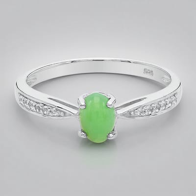 Cavill - Zilveren ring met 0.37 ct Keizerlijk Chrysopraas en 0.043 ct Witte Topaas - 925 Sterling Zilver - Elegante Ovaal Cabochon Ring Maat 17