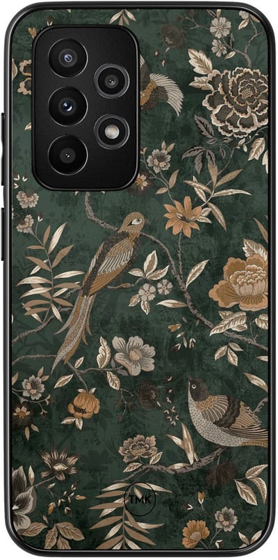 Hoesje geschikt voor Samsung Galaxy A52 5G - Khaki golden flowers - Groen - TPU case - Vogel - Hardcase zwart telefoonhoesje