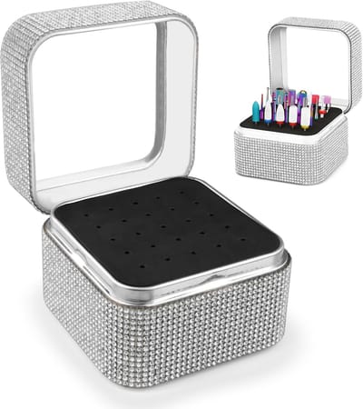 Nagelboren Houder - Opbergdoos Manicure - Stofvrij Bewaren - 25 Gaten Capaciteit - 7.5 x 7.5 cm - Zilver