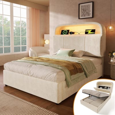 Pugsdrly Gestoffeerd eenpersoonsbed 90x200 cm met in hoogte verstelbaar hoofdeinde en opbergruimte, hydraulisch bed met ledverlichting en USB/Type-C-oplaadstation, fluweel, beige, inclusief lattenbodem (zonder matras)