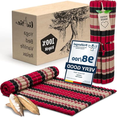 Rolmat Gastenbed - Matras Reizen - Ontspannen Buiten - Handgemaakt Kapok - 200x110cm - Rood Zwart