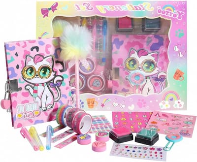 Leuk Katten Dagboek voor Meisjes met Sleutels, Stationery Set met Stempels, Stickers en Pennen, Perfect Verjaardagscadeau voor Kinderen van 4-12 Jaar