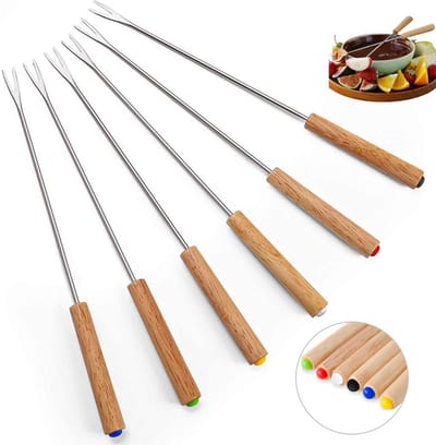 6 stuks - Roestvrijstalen fonduevork - Zwitserse kaasfonduevork - Chocoladefonduevork - Eikenhouten handvat - Kleurgecodeerde houten fonduevork - 24 cm - Geschikt voor chocoladefonteinen, kaasfondue, geroosterde marshmallows - Willekeurige kleur