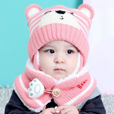Winter Kids Baby Meisjes Jongens Cartoon Beer Streep Gebreide Muts Cap Wollen Garen Sjaal Hoed Warm Houden Set Voor Buiten roze