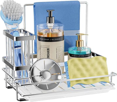 Gootsteenorganizer met afneembare borstelhouder en vaatdoekhouder - Ruimtebesparende gootsteen caddy met afvoerbak voor een opgeruimd aanrecht