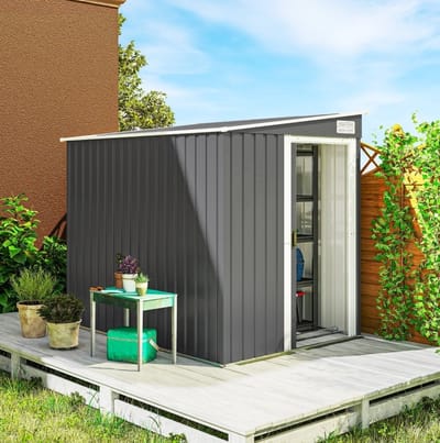 MEUNIQ metalen tuinhuis 154 x 206,5 x 181 cm met pultdak, schuifdeur, 2 verstelbare schappen en 2 haken, berging voor tuinspullen en fietsen, donkergrijs