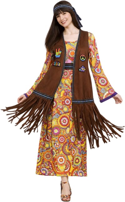 Joya Party® Hippie Jurk Dames met Vest & Hoofdband | Jaren 60 & 70 Flower Power Set | Stretch Lange Jurk | Verkleedkostuum Vrouw | Carnaval, Themafeest & Halloween | Maat S