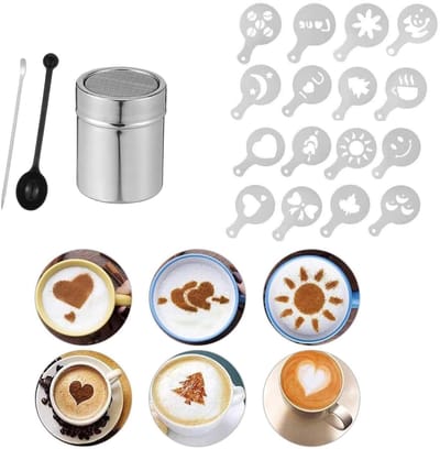 Cosensi- Poeder Shaker Roestvrij Staal - Mesh Zeef - 16 Koffie Stencils - Koffie Kunst Pull Pin - Voedselkwaliteit - Afmetingen 7,8 x 5,8 cm - Poedersuiker Shaker