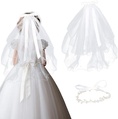 Elegante Witte Tulle Communie Sluierset voor Meisjes met Parels en Bloemen - Ideaal voor Religieuze Ceremonies, Doop en Pasen