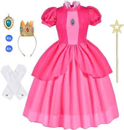 Schattige Prinses Peach Kostuum voor Meisjes, 6-delige Set met Jurk, Kroon, Oorbellen, Handschoenen en Toverstaf, Perfect voor Verkleedfeestjes en Halloween