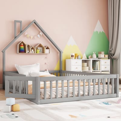 Gestoffeerd kinderbed met schoorsteenvorm - voor kinderkamer en peuter - 140x200 cm - Grijs - Massief grenen en MDF - Rondom veiligheidsrek - Inclusief 8 houten latten - Max. 120 kg belastbaar