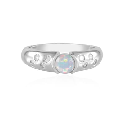 Cavill - Elegante Damesring - 925 Sterling Zilver met Platina Plating - Welo-opaal 0,315 ct Rond Schaakbord - 8 Cambodjaanse Zirkonia 0,252 ct