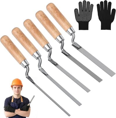 5-delige voegentoebehoren set met handschoenen, houten handvat en verschillende maten voor voegwerk, ideaal voor metselaars en tegelzetters, inclusief cement en voeggereedschap
